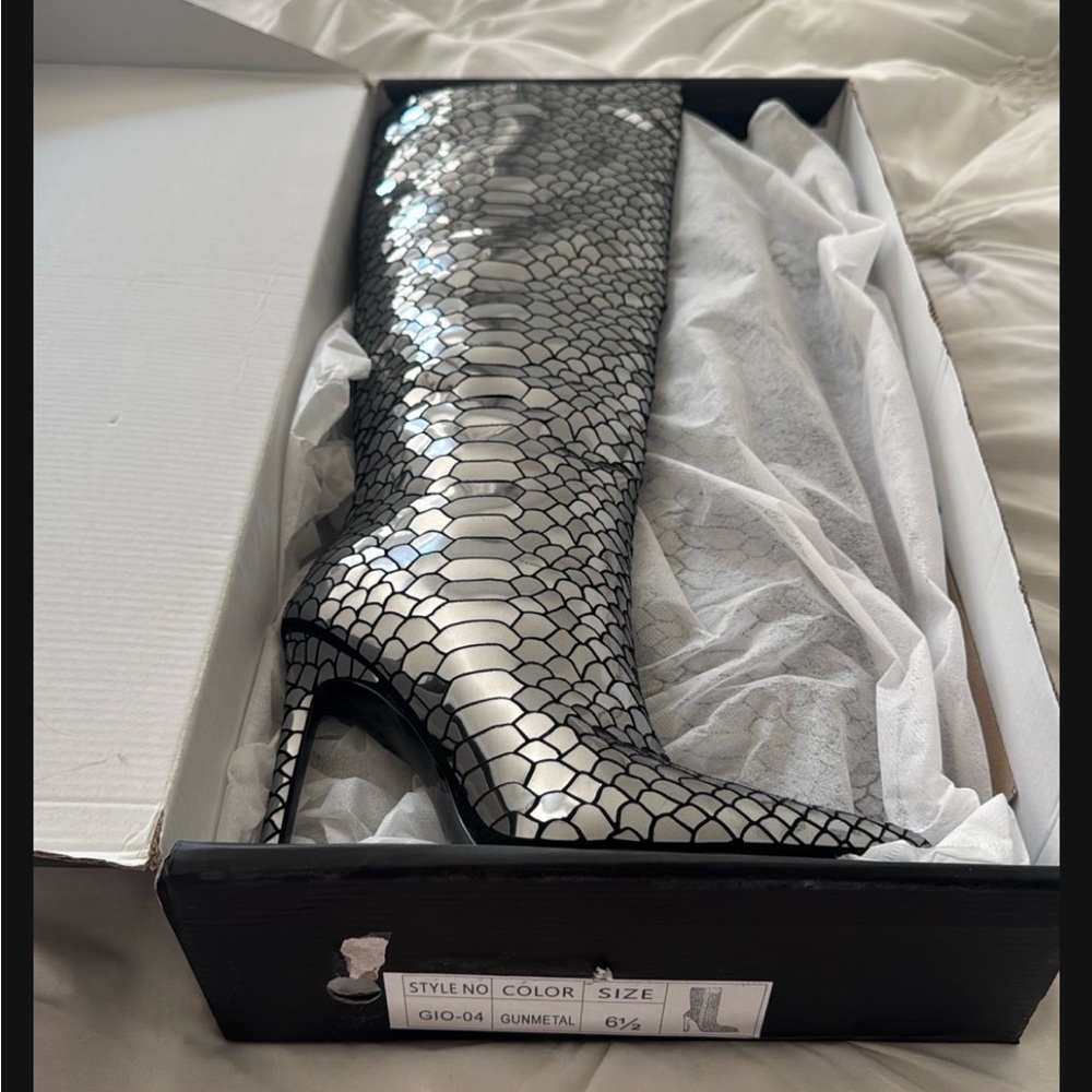 Fashion Nova Snakeskin Gunmetal Over-the-Knee Boots